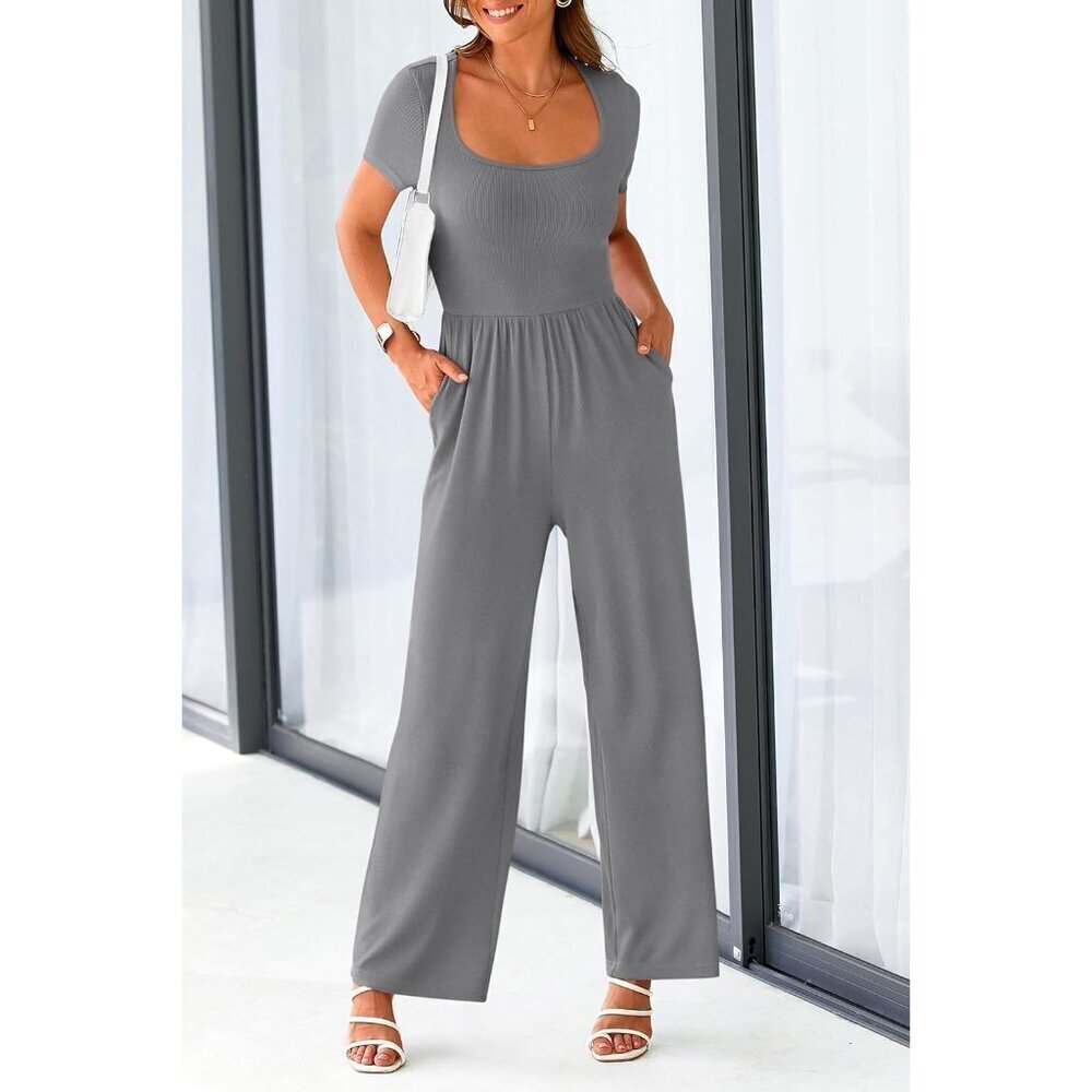 Women's Grey Summer Short Sleeve Square Neck Wide Leg Rompers Jumpsuits - Picture 7 of 8